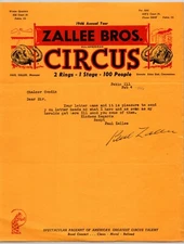Zallee Bros. All-American Circus Letterhead 1946 2 Rings 1 Stage 100 People