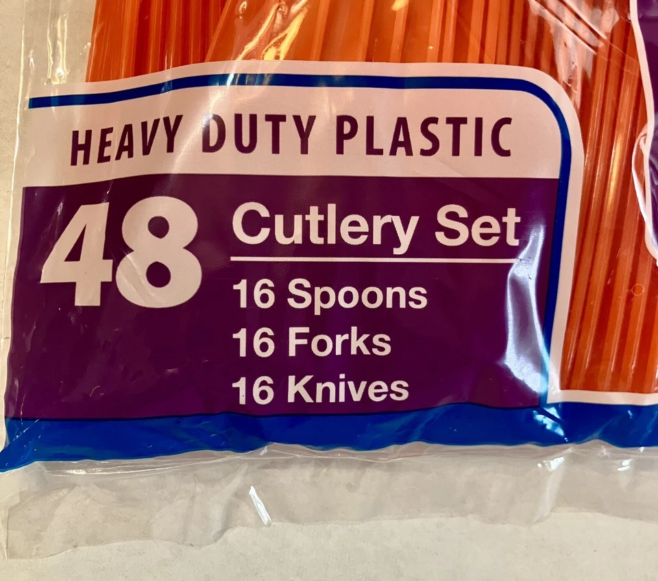 Juego de 48 cubiertos desechables de plástico naranja (cucharas, tenedores, cuchillos) - paquete de 2 Foto 3 de 3