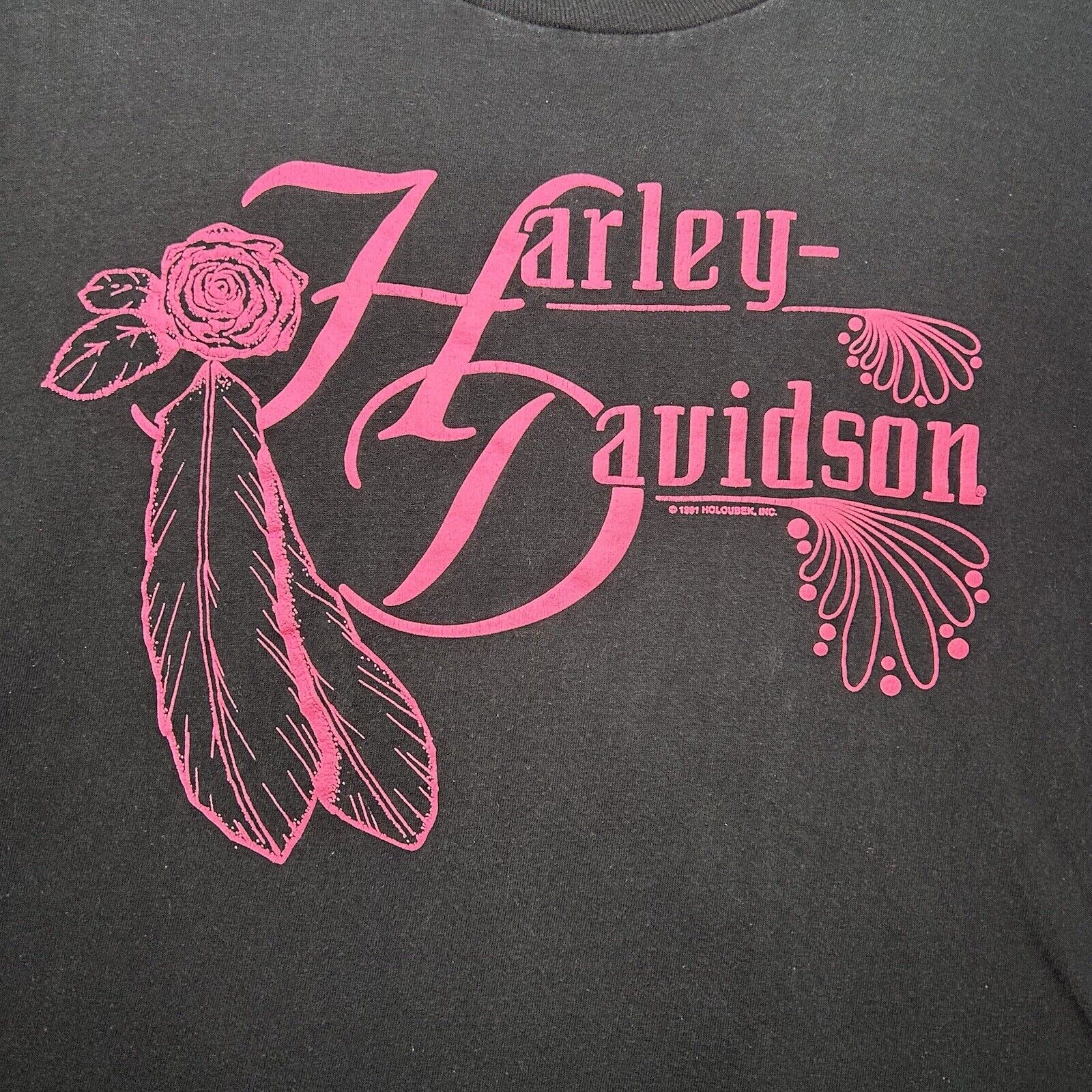 Vtg 1991 Harley Davidson T Shirt Hot Pink Roses F… - image 2