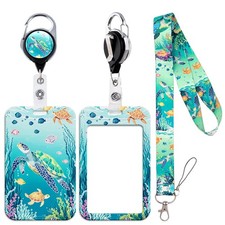 Cute Ocean Lanyard Badge Holder for Girls Kids Glitter Turquoise Turtle Retra...