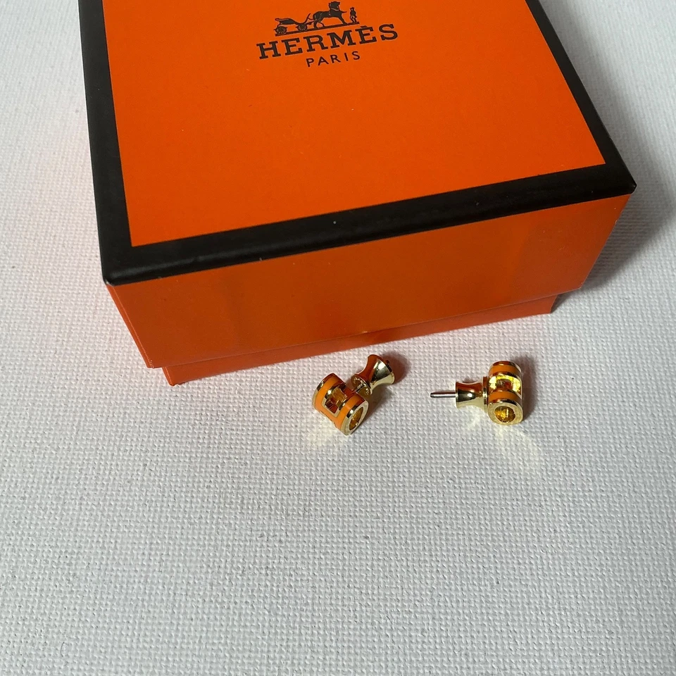 100% Authentic Hermes Mini Pop H Earrings Orange Gold Plated - Image 4 of 4