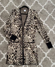 CHICOs women sz 1 (M) Leopard Print Long Cardigan Knit Jacket front pockets 