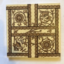 ARTS AND CRAFTS BROWN GLAZED TRANSFER FLORAL TILE - VGC