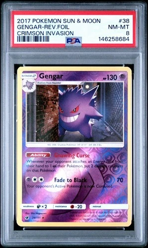 PSA 8 GENGAR REVERSE HOLO - 2017 Pokemon Sun & Moon 38/111 Crimson Invasion