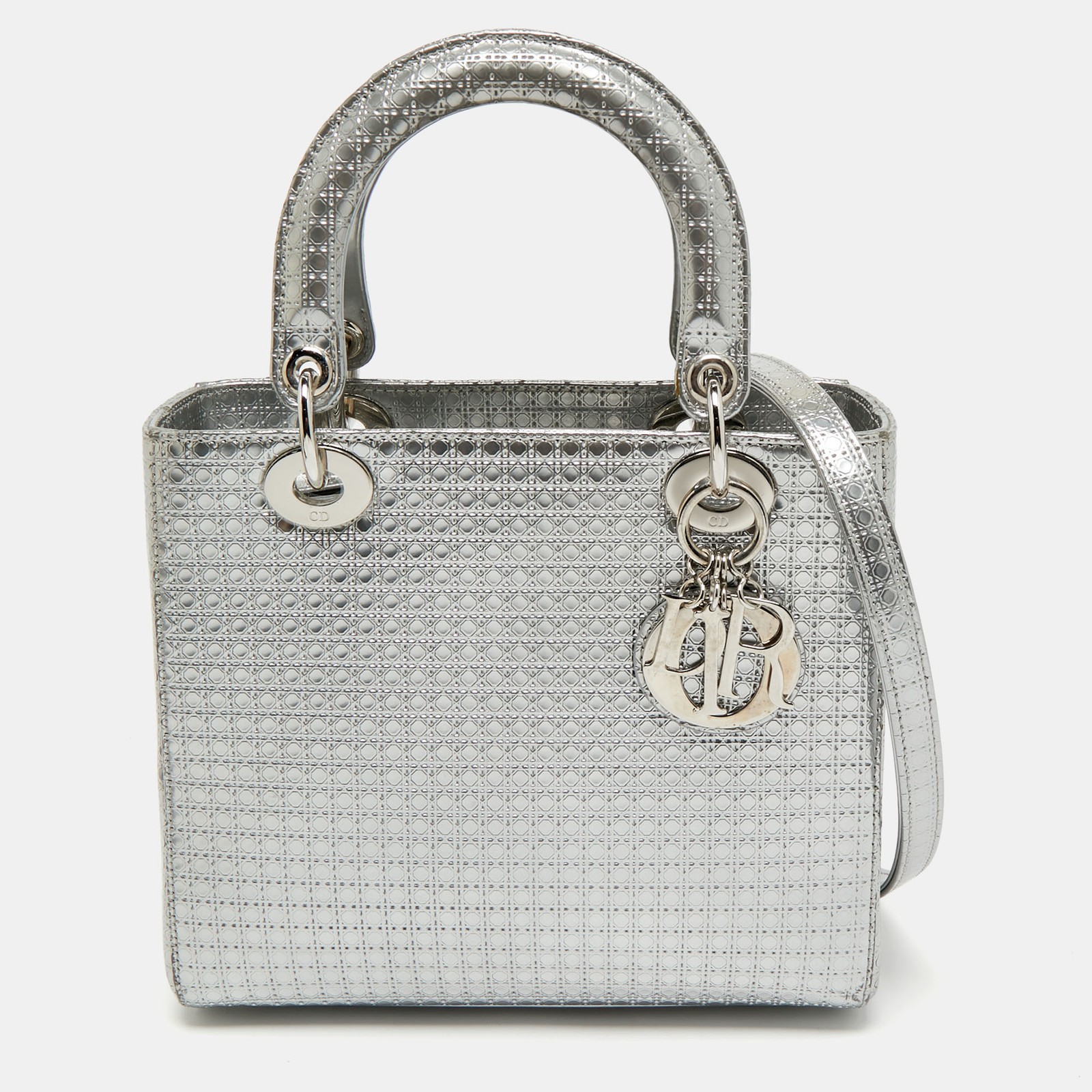 Dior Silver Micro Cannage Patent Leather Medium Lady Dior Tote Bag