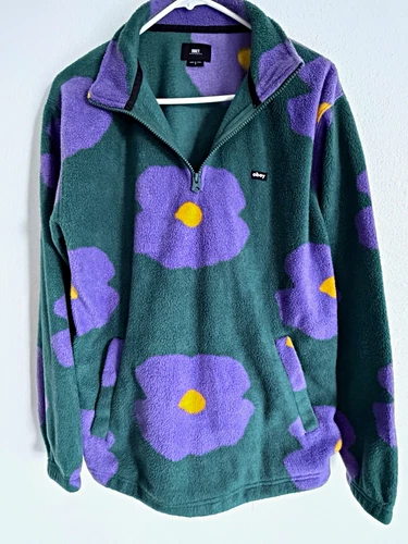 OBEY Men’s Green Purple Yellow Floral Fleece Jacket Size S 1/4 Zip Pockets - product listing photo