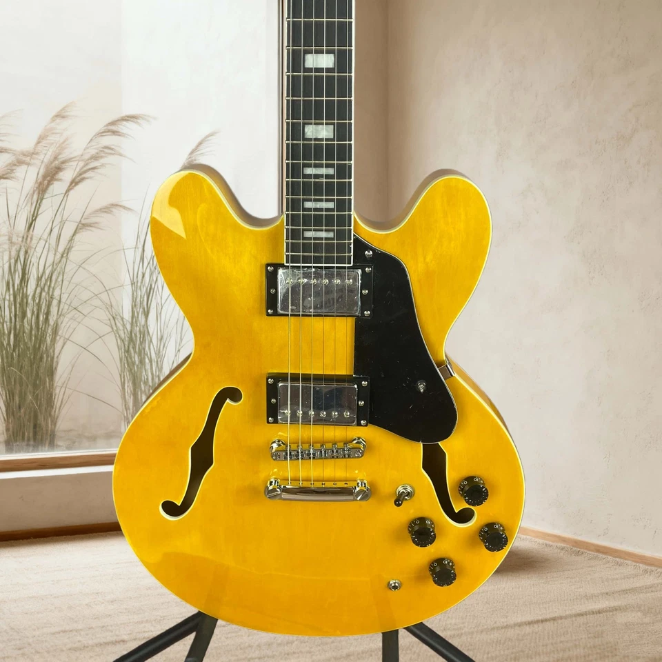 Yellow ES335 Electric Guitar Christmas Gift Black Pickguard F-holes HH Pickups - Image 2 of 4