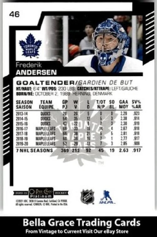 2020-21 O-Pee-Chee Platinum Frederik Andersen #46 Toronto Maple Leafs - Image 2 of 2