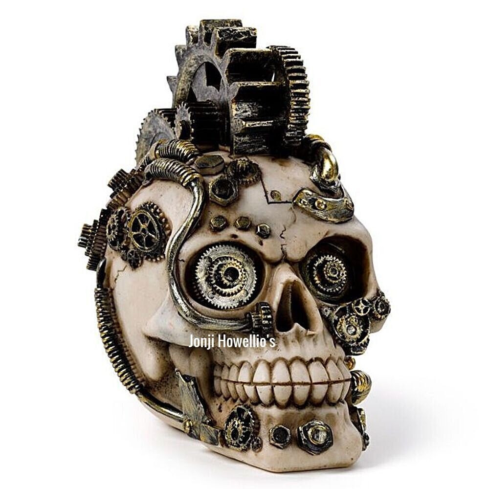 Steampunk Gothic Skull Ornament With Cogs Springs Sculpture Pagan Wiccan Decor