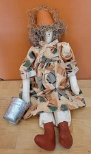 Folk Art Country Rag Doll Gardener Natural Moss Hair Painted Boots Handmade SEE