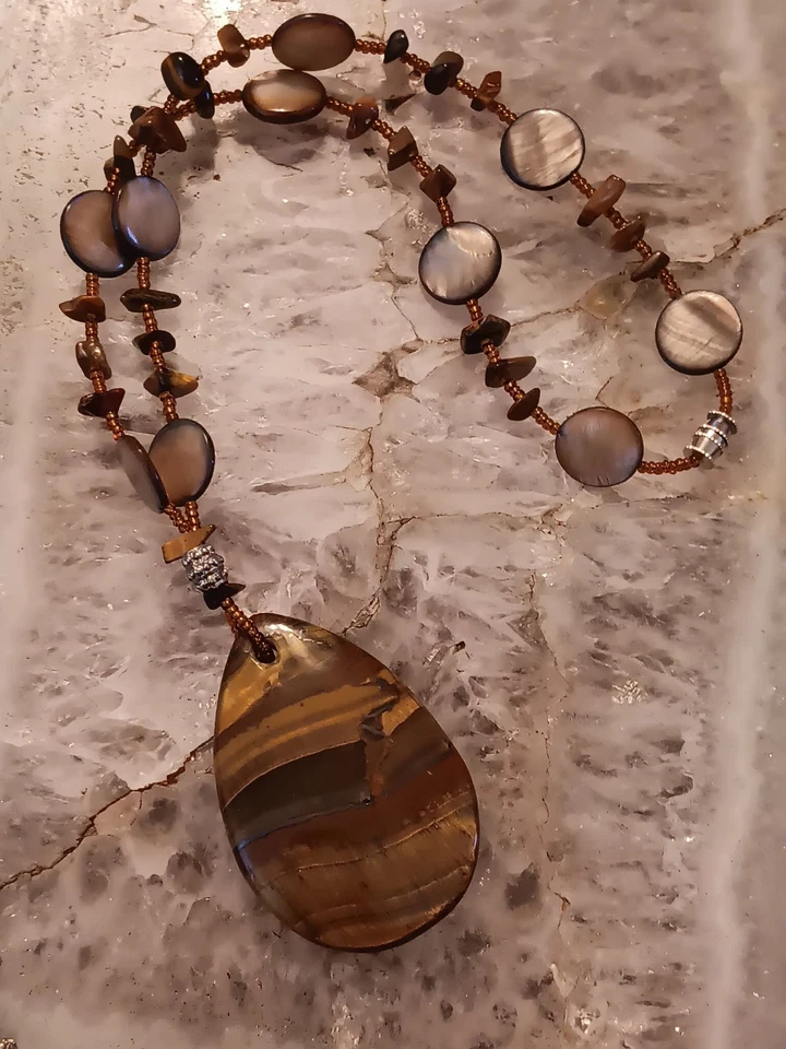  Vintage???ÚNICO Collar Artesanal Ojo de Tigre y Concha Colgante Lágrima Central Foto 3 de 4