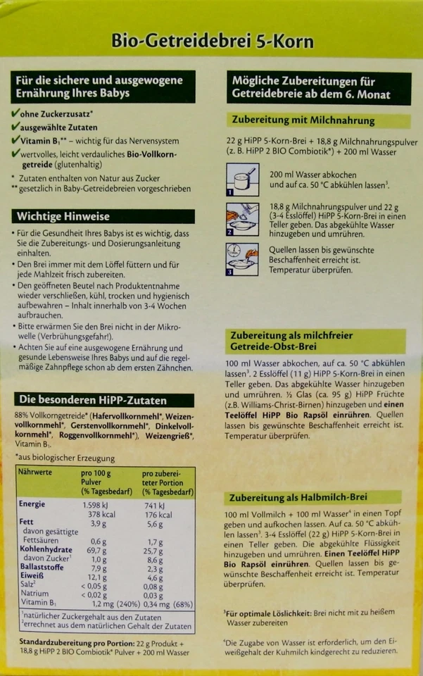 6x 200g Hipp Bio Getreidebrei 5 Korn ohne Zuckerzusatz ohne Milch ungesüßt ab 6. - Bild 2 von 4