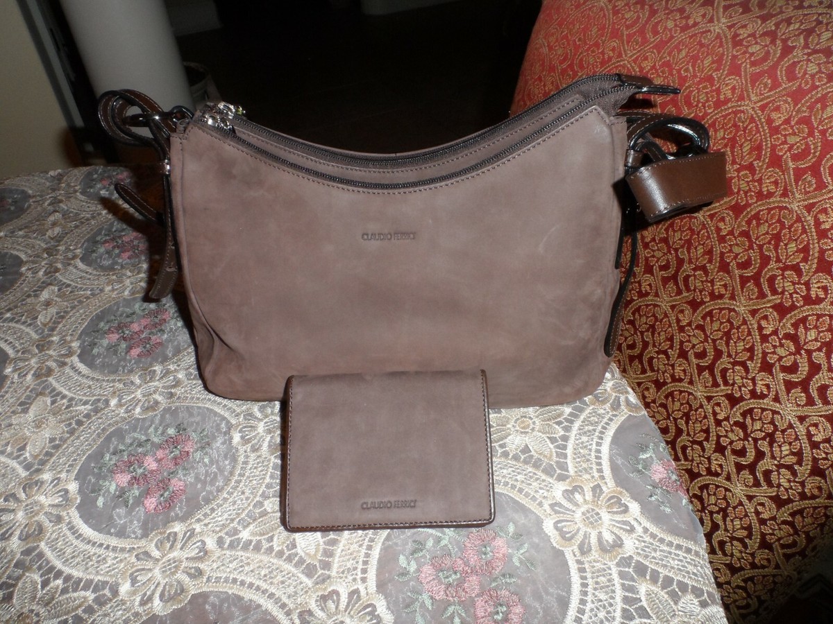 New Claudio Ferrici Chocolate Brown Suede Hobo Bag Wallet Set