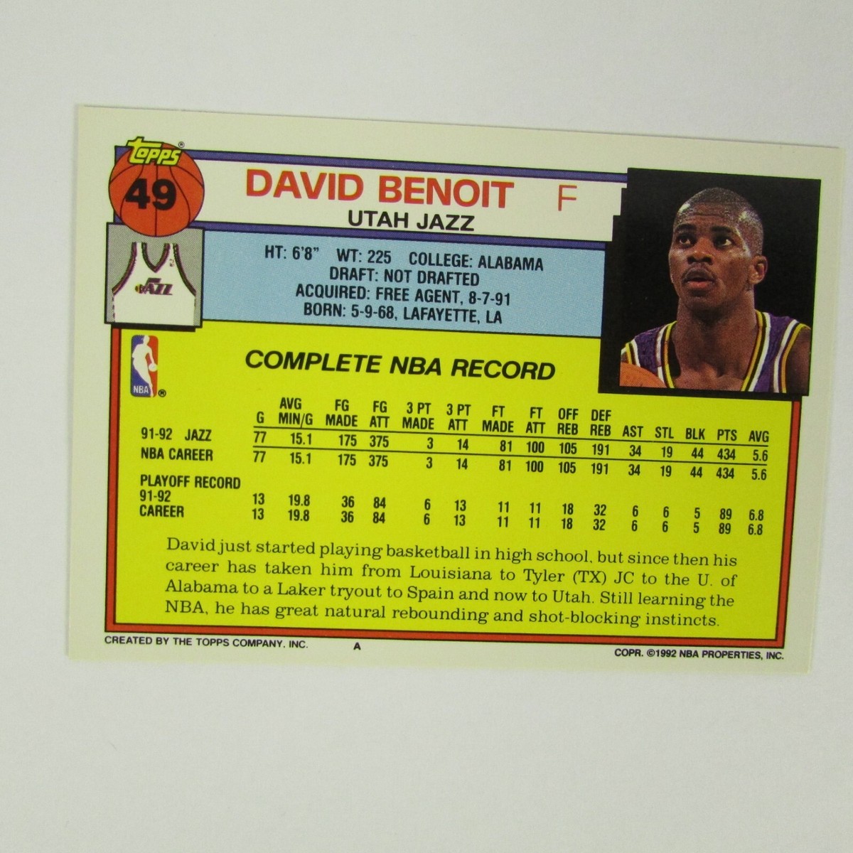 David Benoit Basketball Card (Utah Jazz) 1992-93 Topps #49 | eBay