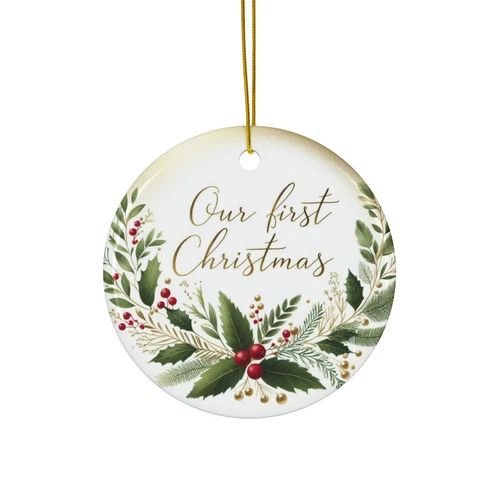 Christmas , Our First Christmas, Floral Ceramic Ornament,