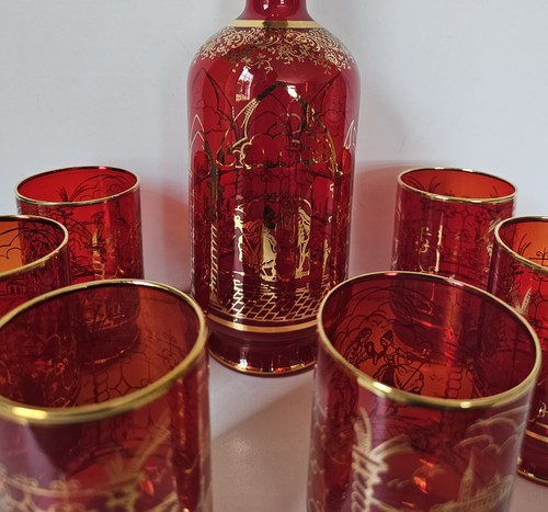 Vtg Decanter 6 Glasses Bohemian Ruby Cranberry Red Gold Overlay W/ Stopper Glass - Picture 2 of 10