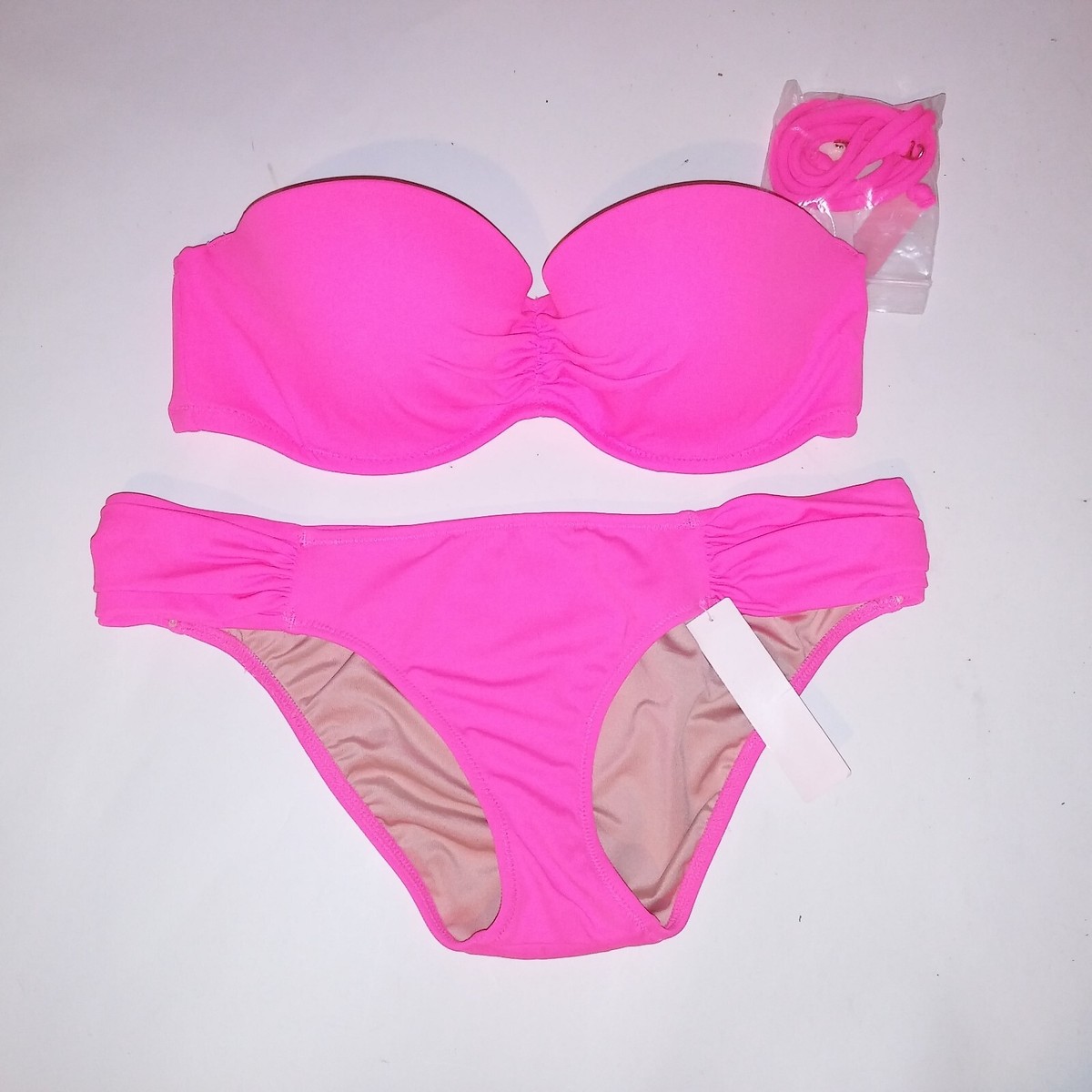 Victoria Secret Swim Bikini 32C Top XS Bottom Neon Pink