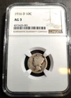 SCARCE: 1916 D Mercury Dime AG 3 NGC 90% Silver 10c Coin