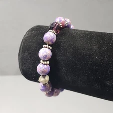 Beaded Elastic Bracelet Silver Tone Purple Stone Mid Century Modernist Boho 6.5"