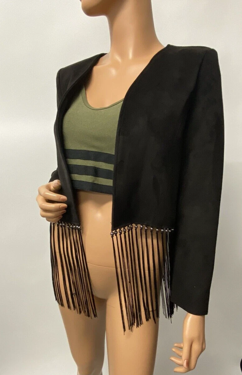Zara Faux Suede Fringe Black light jacket Cardigan Size M eBay