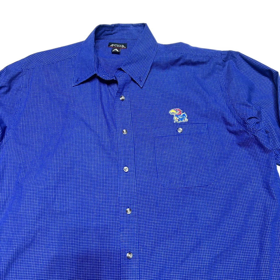 Camisa Antigua Kansas Jayhawks Para Hombre Grande Azul Geométrica A Cuadros Abotonada Foto 2 de 4