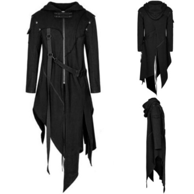 Mens Goth Medieval Trench Coats Punk Hooded Long Sleeves Belted Zip Cloak Jacket