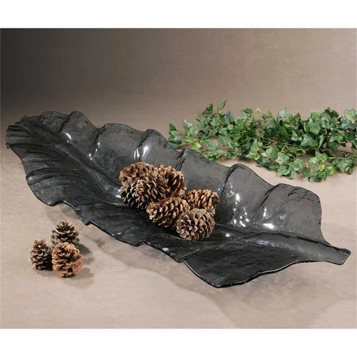 Uttermost Smoked Leaf Coastal Glass Tray in Dark Gray Finish - Picture 2 of 3