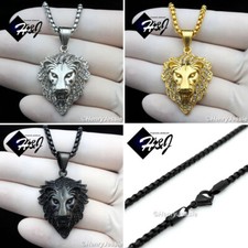 18"-40"MEN Stainless Steel Black/Gold Plated 3mm Box Chain CZ Lion Pendant P134