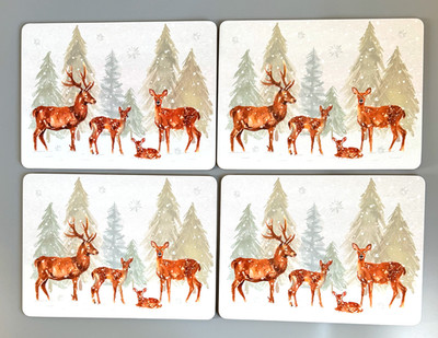 4er Pack Tisch Tischsets Korkrücken mit Hirschen Hirsch & Schnee Winterszene
