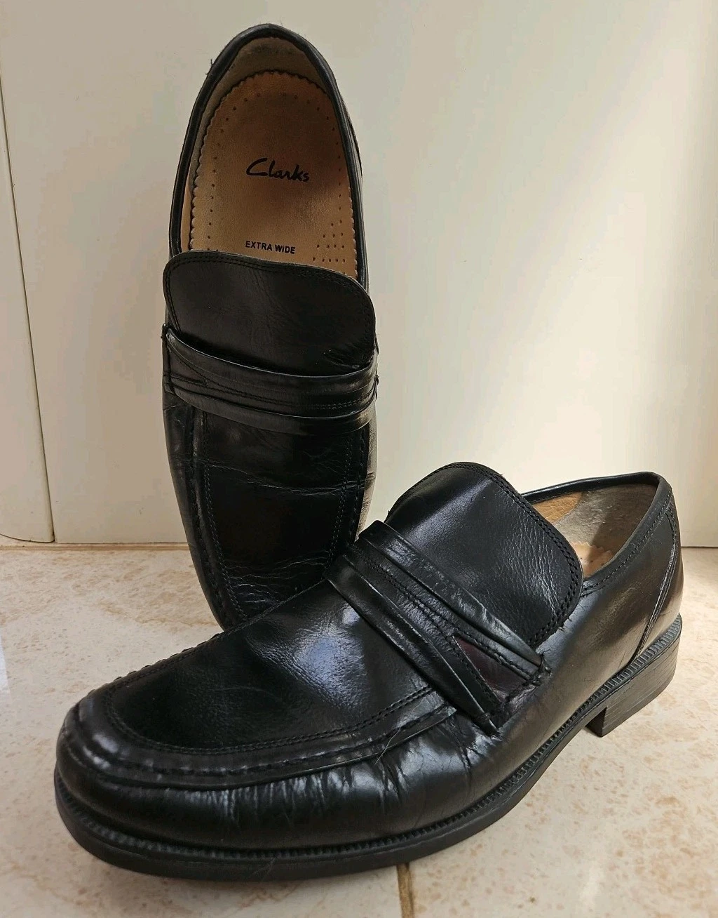 Scarpe mocassino Clarks nuove con etichette da uomo taglia 9 5 extra larghe nere Aston Mind Penny in pelle
