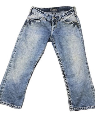 Silver Suki Flap Capri Jeans Womens Curvy Fit Medium Wash Stretch Denim