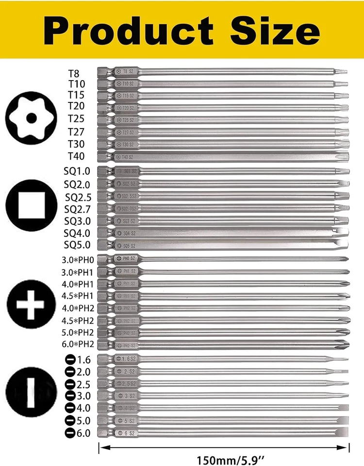 Long 6-Inch Screwdriver Bits Set - 30 Mixed Drive Types in Premium S2 Steel - Image 4 of 4