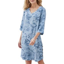 Soft Surroundings Positano Getaway Dress Blue Floral V-Neck Button Accents Sz L