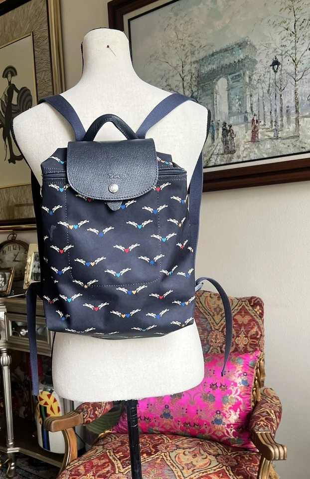 Longchamp Le Pliage Original Navy Logo Nylon Leather Backpack Made in France - Image 2 of 4