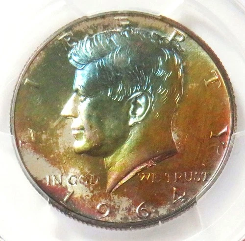MONSTER "COLOR"1964 USA SILVER PROOF KENNEDY HALF DOLLAR PCGS PR 66