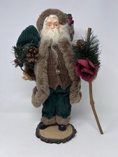 Folk Art Christmas Primitive Santa Doll Figurine 17" Fabric Plaid Fur Clothing