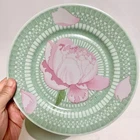 HERMES Pivoines Roses Peony Floral Plate Set of 2 Green Pink Ceramic Pottery