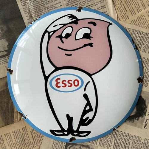 VINTAGE ESSO OIL DROP BOY 12 INCH CONVEX PORCELAIN ENAMEL SIGN