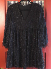 Zara Women's Timeless Black Long Sleeve Fringe Knee Length Dress Size S NWOT