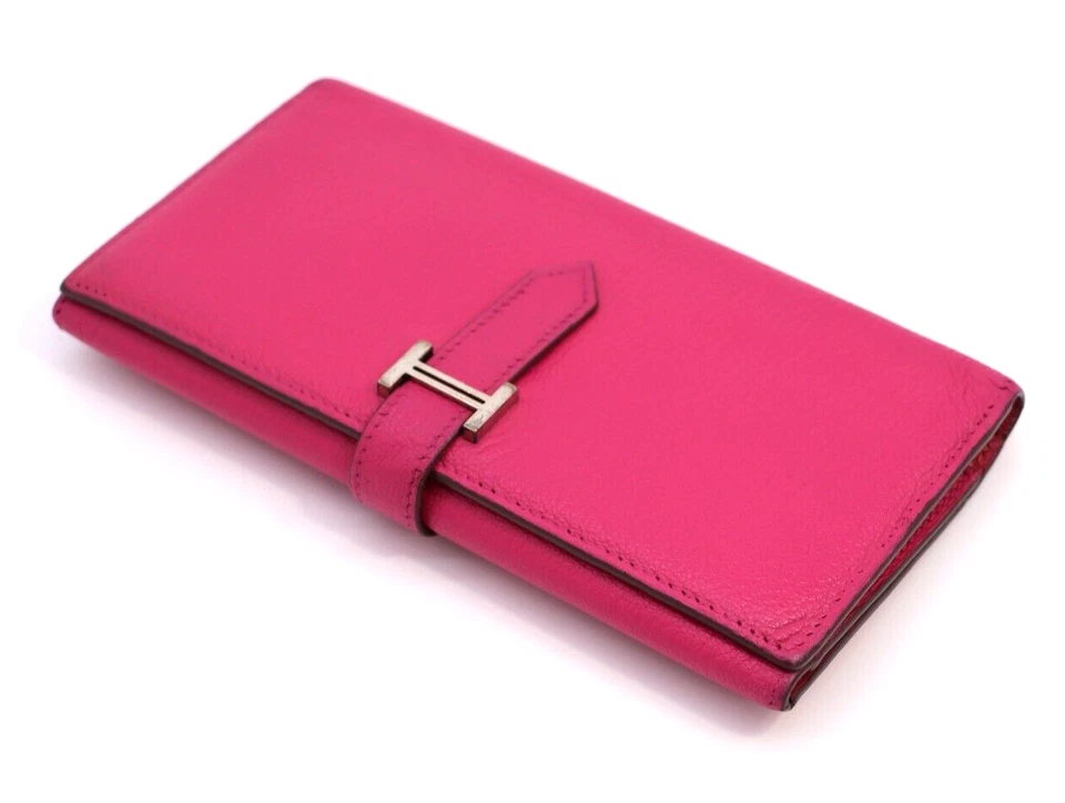 Cartera Larga Hermès Bearn Cartera Triple Cuero Suave Rosa Impactante Caja Auténtica Foto 3 de 4
