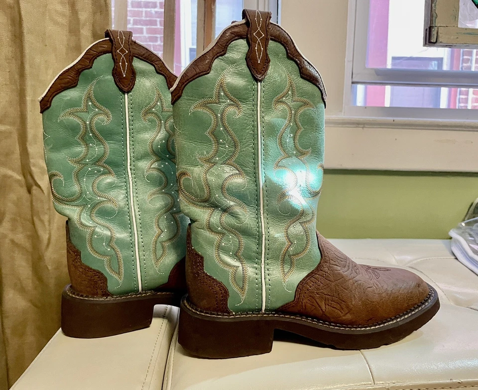 Botas vaqueras de cuero con punta cuadrada Justin Campus turquesa y marrón 6,5 de colección Foto 3 de 4