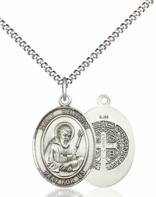 St. Benedikt Medaille, 3/4'' feines Zinn, 18'' Rhodium Platte Verschluss Kette