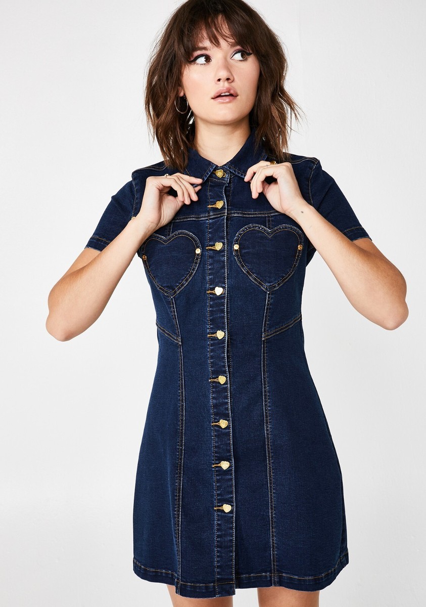 Lazy Oaf Sweetheart Dress Denim Heart Button Down Western Rock Punk Lazy Oaf Sweetheart Dress Denim Heart Button Down Western Rock Punk