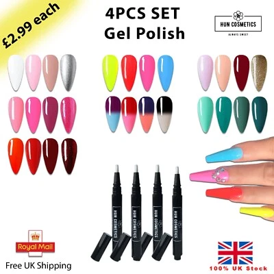 Hun Cosmetics Gel Polish 4pcs set Click Pen Nail Soak Off Led TopBase Mani 4x3ml