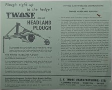 Original Twose Off-Set Headland Plough Brochure, c 1960's