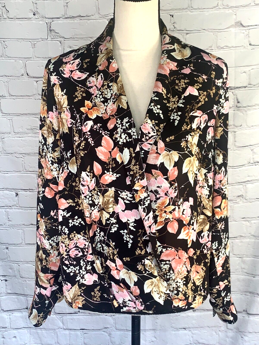J.JILL Crepe Foux Wrap Overlap Shirt Top Black Floral Long J.JILL Crepe Foux Wrap Overlap Shirt Top Black Floral Long