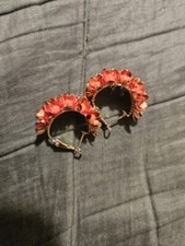 Red Cluster Flower Gold Hoops Earrings