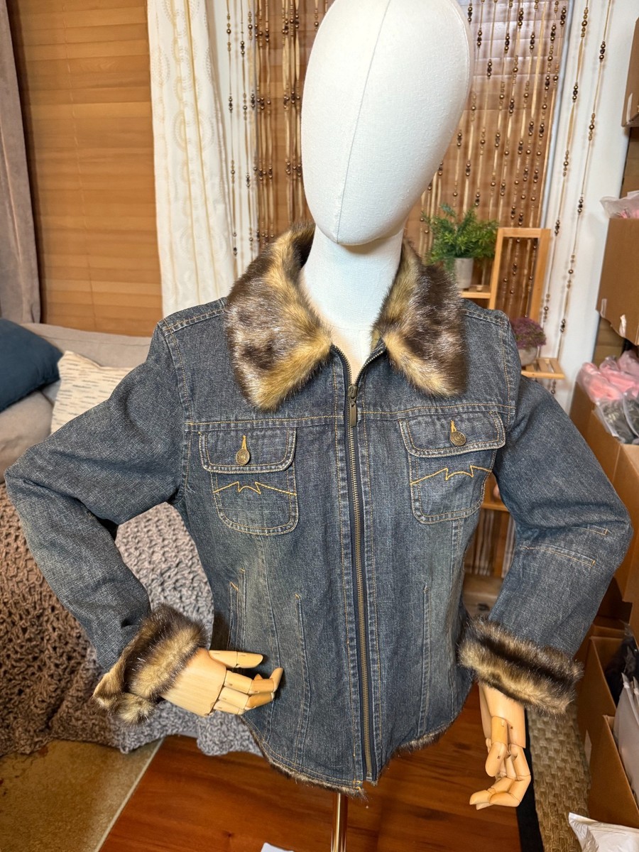 Giacca Faux Fur Lined Denim Jacket Women's Large Blue Zip Up Y2K