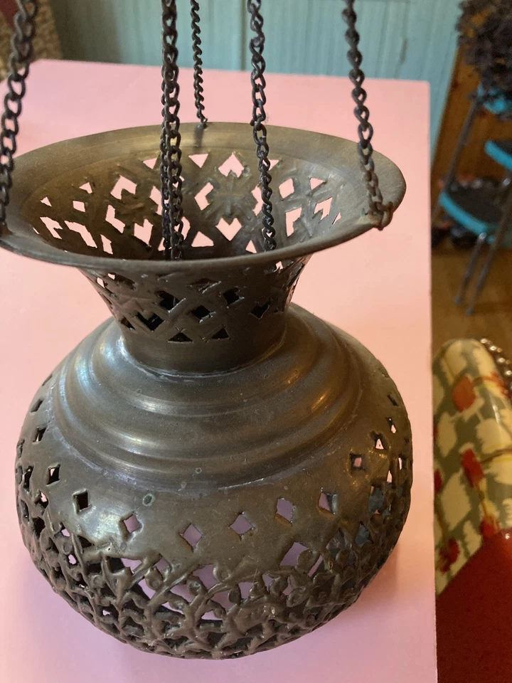 Quemador de incienso perforado de latón vintage colgante linterna de lágrima Foto 4 de 4