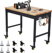 48" x 24" Adjustable Workbench, 2000 lb Rubberwood Top with Wheels Power Strip